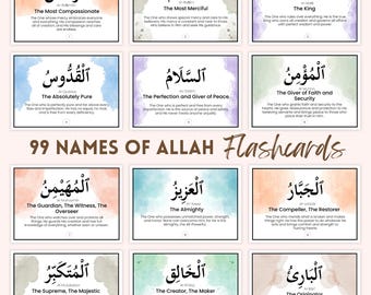 99 Names of Allah Flashcards – Asmaul Husna | Islamic Learning Cards | Arabic, Transliteration & Meaning