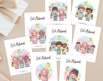 Eid Mubarak Printable Cards for Kids Set of 8 – Cute Chibi Muslim Illustration, 5x7 & 4x6 Inch, Instant Download Islamic Eid Card