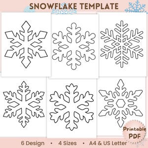 May include: A digital snowflake template featuring six distinct black and white snowflake line art designs. The document includes the text SNOWFLAKE TEMPLATE at the top and Printable PDF, 6 Design, 4 Sizes, A4 & US Letter at the bottom.