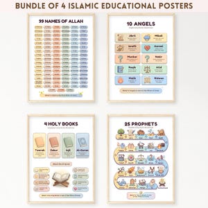 May include: A bundle of four Islamic educational posters. Each poster features colorful illustrations and text. Topics include the 99 Names of Allah, 10 Angels, 4 Holy Books, and 25 Prophets. The posters are framed.
