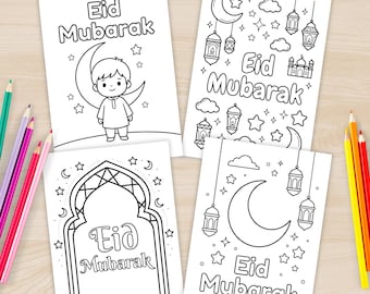 Eid Coloring Cards for Kids Printable PDF | 10 Designs 5x7 | Eid Mubarak Coloring Pages | Islamic Kids Activity Instant Download