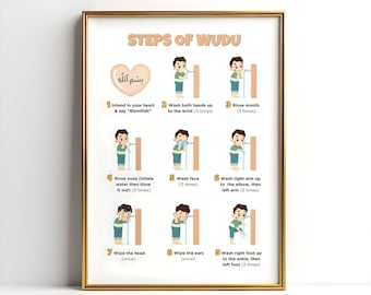 Steps of Wudu-poster voor kinderen | Afdrukbare islamitische muurkunst | Moslim kinderkamerdecoratie | Wassingstabel | Educatieve poster islamitische thuisschool