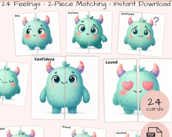 Emotion Puzzle Cards Printable | 24 Feelings Matching Activity for Kids | Toddler & Preschool SEL | Instant Download