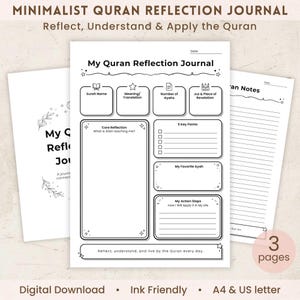 Diário de Reflexão do Alcorão para Imprimir | Folha de Exercícios para Diário Islâmico | Compatível com GoodNotes para iPad | Planejador Muçulmano Minimalista | Formato A4, Carta (EUA) e PDF