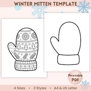 Pode incluir: Um modelo de luva de inverno com dois desenhos de arte linear em preto e branco em papel branco. Uma luva tem padrões detalhados de flocos de neve, árvores e corações, enquanto a outra é um contorno simples. Texto: WINTER MITTEN TEMPLATE e Printable PDF.