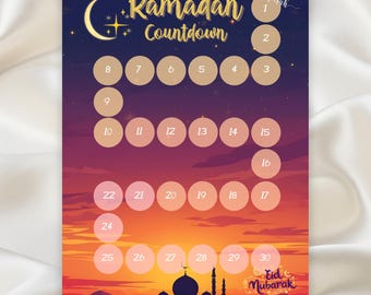Ramadan Countdown Printable | 30-Day Ramadan Tracker for Families | Sunset Mosque Watercolor Islamic Wall Art | Ramadan Decor