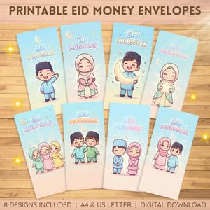 Sobres imprimibles para el Eid Mubarak para niños / Lindos sobres para el Eid Mubarak / 8 diseños / Tamaños A4 y carta (EE. UU.) / Descarga digital