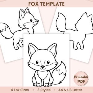 Puede incluir: Una plantilla digital de zorro con tres ilustraciones de arte lineal en blanco y negro de zorros en diferentes poses. El texto FOX TEMPLATE aparece en la parte superior, mientras que Printable PDF, 4 Fox Sizes, 3 Styles y A4 & US Letter están abajo.