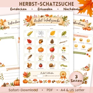 Könnte beinhalten: Ein druckbares Herbst-Schatzsuche-Arbeitsblatt mit einem Raster aus 20 illustrierten Naturgegenständen wie Blättern, einer Eichel, einem Kürbis und einem Eichhörnchen. Das Dokument enthält Felder für Name und Datum sowie den Titel Herbst-Schatzsuche.