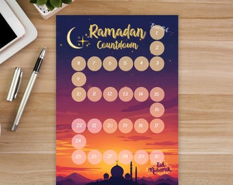 Ramadan Countdown zum Ausdrucken | 30-Tage-Ramadan-Tracker für Familien | Sonnenuntergang Aquarell Islamische Wandkunst | Ramadan Kalender PDF
