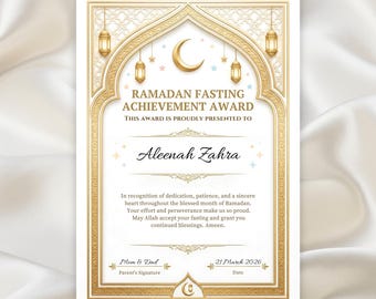 Ramadan Fasting Certificate for Kids Printable | Islamic Achievement Award | Ramadan Reward PDF | A4 & US Letter | Write by Hand Keepsake
