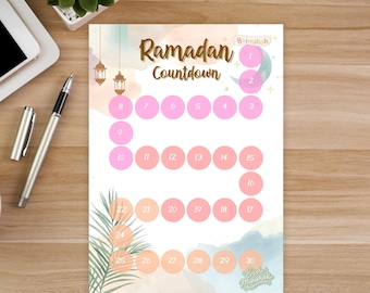 Ramadan Countdown zum Ausdrucken | 30-Tage-Ramadan-Tracker für Familien | Niedliche Pastell Islamische Wand Kunst | Ramadan Aktivitätsdiagramm