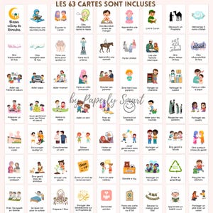 May include: A collection of 63 illustrated cards with Arabic text and images depicting various acts of kindness and Islamic practices. The cards are in French and feature colorful illustrations of people, objects, and scenes related to Ramadan.