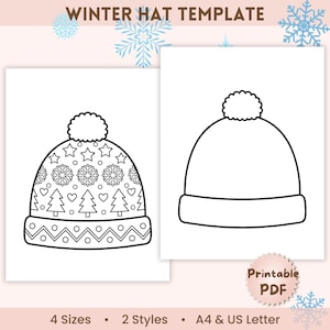 May include: A printable PDF winter hat template featuring two black and white line art designs. One hat has a pattern of stars, snowflakes, hearts, and trees, while the other is plain. The text reads WINTER HAT TEMPLATE, Printable PDF, 4 Sizes, 2 Styles, A4 & US Letter.
