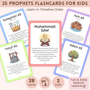 May include: A collection of 25 flashcards for children, presenting information on Islamic prophets. The cards are in different colours, with text and illustrations. The set includes 28 cards in 2 sizes, with the text "Fun & Easy Islamic Learning!"