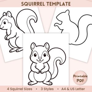 Könnte beinhalten: Eine digitale Eichhörnchen-Vorlage mit drei schwarz-weißen Strichzeichnungen von Eichhörnchen. Der Text SQUIRREL TEMPLATE erscheint oben, mit den Angaben Printable PDF, 4 Squirrel Sizes, 3 Styles und A4 & US Letter am unteren Rand.