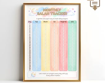 Monthly Salah Tracker for Kids Printable | Islamic Children Daily Prayer Chart | Cute Pastel Salah Tracker PDF | Muslim Kids Reward Chart