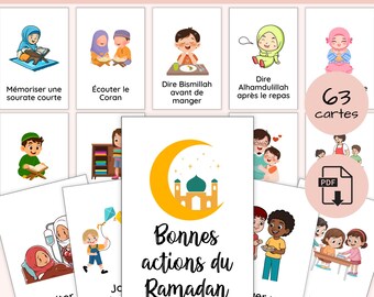 Cartes Bonnes Actions Ramadan Enfant | 62 Activités Islamiques | Calendrier Avent Ramadan | PDF à Imprimer