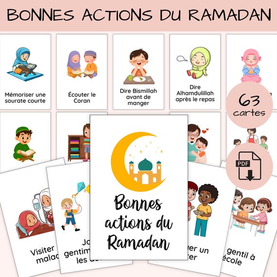 Cartes Bonnes Actions Ramadan Enfant | 62 Activités Islamiques | Calendrier Avent Ramadan | PDF à Imprimer