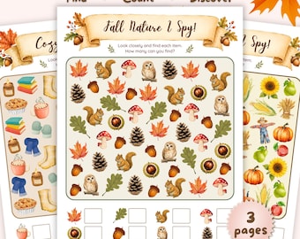 Fall I Spy Printable, Autumn I Spy Activity, Fall Counting Worksheet, Preschool Kindergarten Math Game, Homeschool Fall Activity PDF