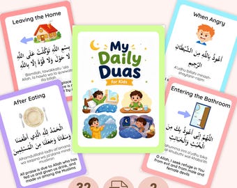 Daily Dua Cards for Kids Printable | 32 Duas Flashcards | Kids Islamic Learning | Morning & Evening Duas | Homeschool Ramadan Gift