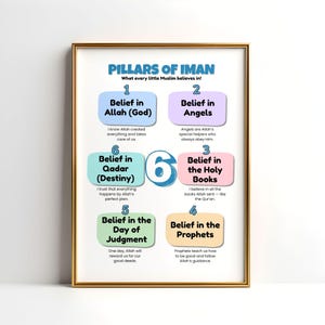 Peut inclure: Une affiche encadrée avec un cadre doré, intitulée "Pilliers de l'Iman". L'affiche présente six croyances numérotées dans des couleurs pastel, dont "Croyance en Allah (Dieu)" et "Croyance aux Anges". Le texte explique chaque croyance, adapté à l'éducation.