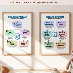 Op de afbeelding: Twee ingelijste islamitische educatieve posters. De linkerposter beschrijft de zuilen van de islam, waaronder Shahada, Salah, Zakat, Sawm en Hajj. De rechterposter somt de zuilen van Iman op, zoals Geloof in Allah, Engelen, Heilige Boeken, Profeten, de Dag des Oordeels en Qadar.