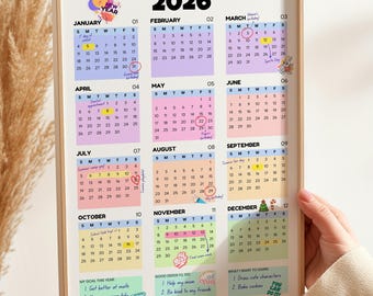 2026 Druckbarer Kalender PDF | Wandkalender 2019 & Monatlicher Überblick | Minimalist Pastell Organizer | Sofortiger Download digitaler Kalender