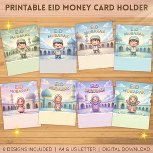 Eid Money Card Holder for Kids Printable | Cute Islamic Chibi Design | 8 Fun Designs | A4 & US Letter | Instant Download