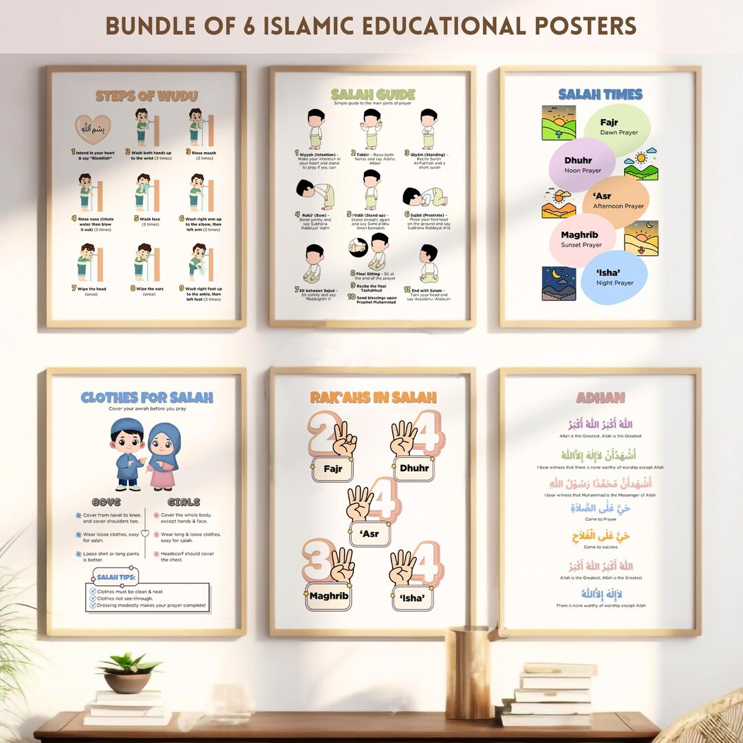 Islamic Prayer Learning Posters for Kids | 6 Poster Bundle | Wudu ...
