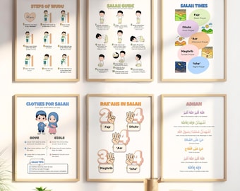Islamic Prayer Learning Posters for Kids | 6 Poster Bundle | Wudu, Salah, Adhan, Rakahs, Prayer Times, Clothes)