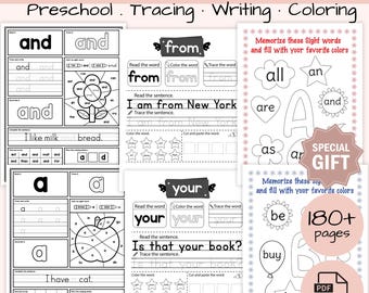 Paquete de hojas de trabajo de palabras de uso frecuente para preescolar: lectura, trazo, recortar y pegar, colorear (3 conjuntos en PDF)