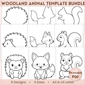 Puede incluir: Un paquete de plantillas de animales del bosque con nueve diseños de arte lineal en blanco y negro de un erizo, un zorro y una ardilla. El texto dice Woodland Animal Template Bundle, 9 Designs, 4 Sizes, A4 & US Letter, Printable PDF.