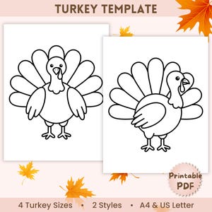 Peut inclure: Un modèle de dinde à imprimer présentant deux illustrations au trait noir et blanc de dindes. Le texte indique TURKEY TEMPLATE, Printable PDF, 4 Turkey Sizes, 2 Styles, et A4 & US Letter. Le design inclut des accents de feuilles d'érable orange.
