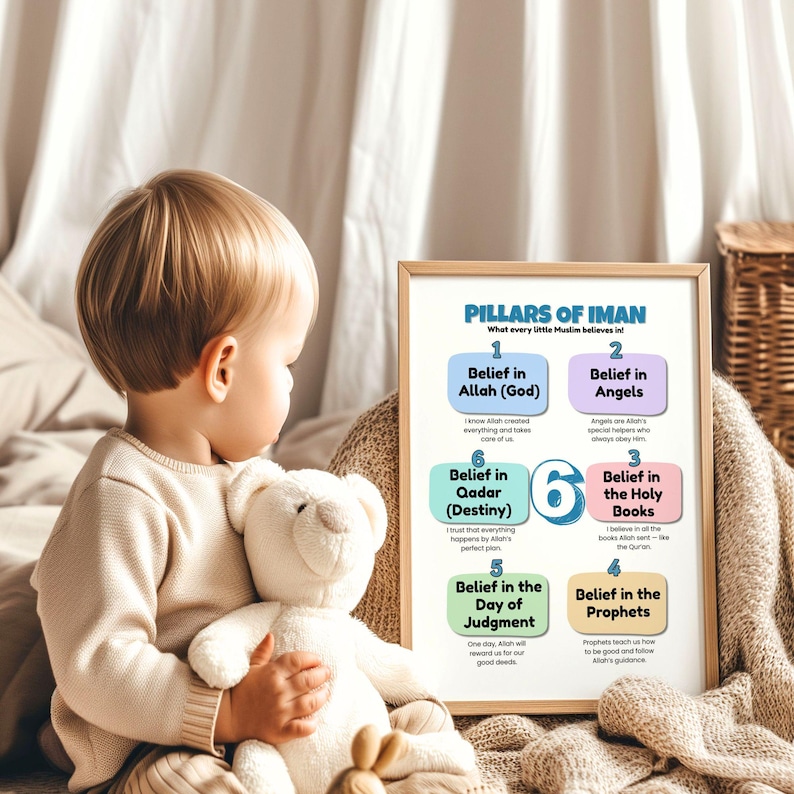 May include: A young child sits with a teddy bear, looking at a framed print titled "PILLARS OF IMAN." The print lists six beliefs, including belief in Allah, Angels, the Holy Books, and Prophets. The print has a light wood frame.