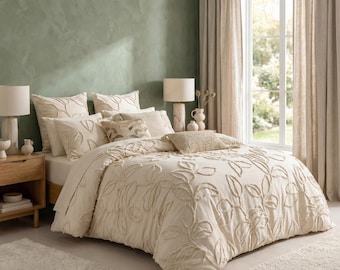 3 Piece Tufted Cotton Duvet Cover Set, Natural Duvet Cover With Pillowcases, King/Queen/Twin Custom Size Quilt Comforter Cover Set,