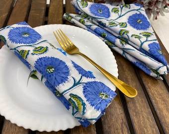 Blue And White Indian Block Print Napkins, Floral Cotton Dinning Table Daily Use Napkins