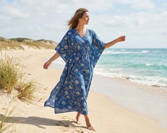 Hand Block Print Cotton Kaftan Dress – Boho Beach Cover Up