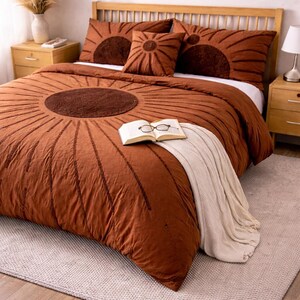 Juego de funda nórdica acolchada color naranja óxido: ropa de cama bohemia 100% algodón.