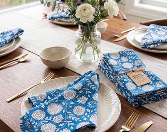 Blue Floral Cotton Napkins, Handmade Block Print Table Linen, Reusable Cloth Napkins Set, Farmhouse Table Decor