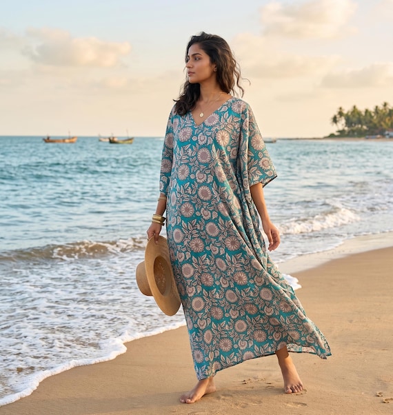 Hand Block Print Cotton Kaftan Dress – Boho Beach Cover Up