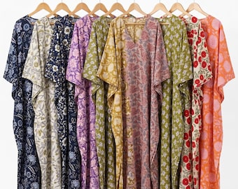 Caftan indien en coton à imprimé blocs de main, robe longue à tenues de villégiature de luxe, vêtements de détente d'été bohème chic, tenue de plage pour femme, robe de chambre à fleurs