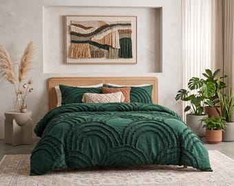 Dark Green  Tufted Duvet Cover Set: 100% Cotton Boho Bedding