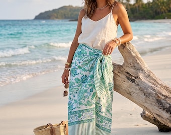 Boho Beach Sarong, Green Floral Wrap Skirt, Cotton Pareo, Resort Wear Cover Up, Handmade Summer Skirt