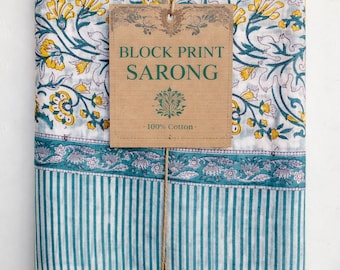 Sarong de algodón estampado a mano: Bufanda pareo de playa Sanganeri