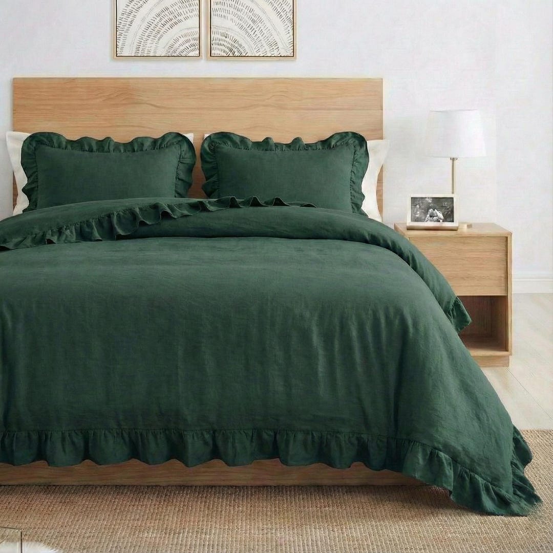 Dark Green Ruffle Duvet Cover, Romantic Ruffled Bedding, Soft Cotton ...