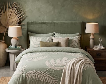 Copripiumino trapuntato verde salvia, biancheria da letto con ricami botanici, set copripiumino in cotone testurizzato, arredamento camera da letto boho neutro