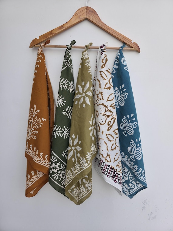 Set of 5 Hand Block Printed Bandanas – Cotton Bandana, Summer Hair Accessory, Boho Head Scarf, Neck Wrap, Eco-Friendly Gift | 100% Cotton |