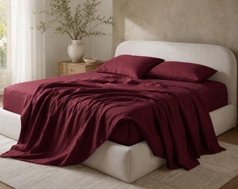 Sábana bajera de lino burdeos con sábana encimera, ropa de cama de lino con bolsillos profundos, juego de cama de lino lavado suave, decoración de dormitorio de lujo
