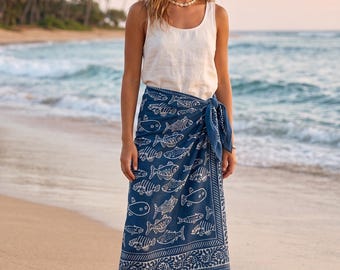Blue Fish Print Sarong Wrap, Beach Cover Up Skirt, Boho Ocean Print Pareo, Summer Vacation Outfit